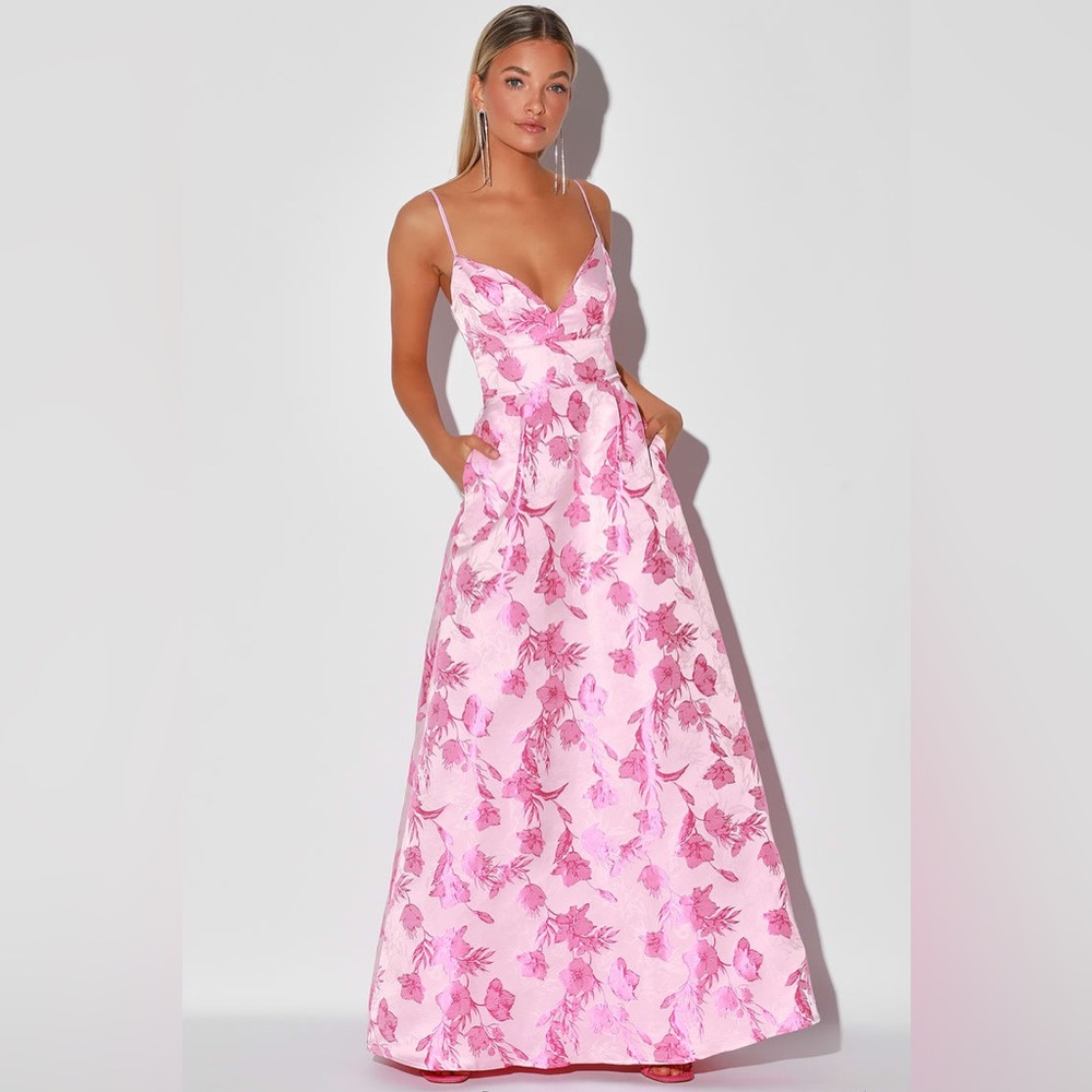 Nwt Lulus Pink Floral Print Jacquard Sleeveless Maxi Dress XL